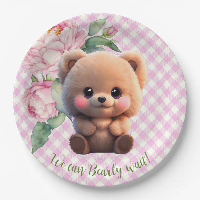Cute teddy bear pink gingham floral Baby Shower  Paper Plate (Front)