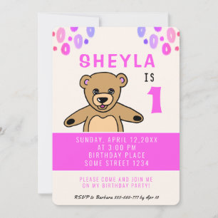 Cute Teddy Bear Pink Girl 1st Birthday Party Invitation