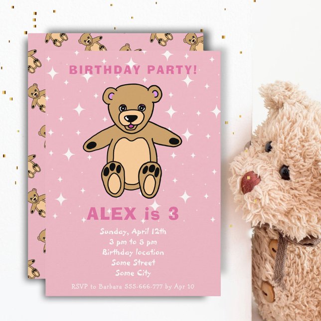 Cute Teddy Bear Pink Girl Birthday Invitation (Creator Uploaded)