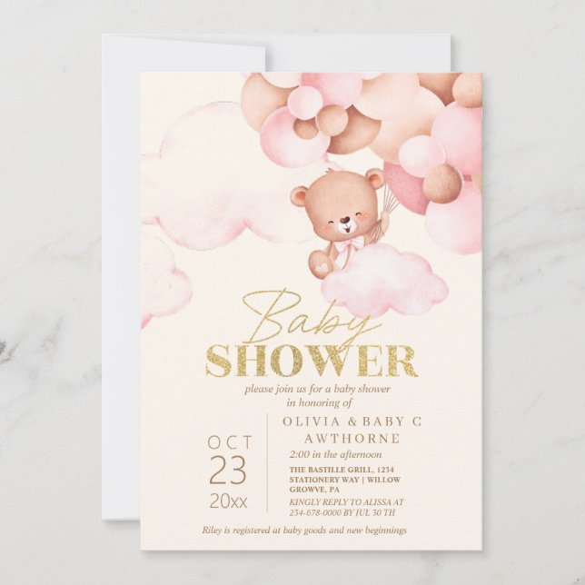 Cute Teddy Bear Pink & Gold Baby Girl Shower Invitation (Front)