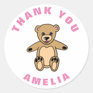Cute Teddy Bear Pink Kids Birthday Thank You Classic Round Sticker