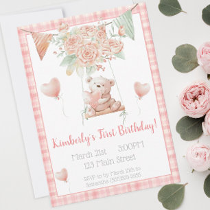 Cute Teddy Bear Pink Plaid Birthday Invitation