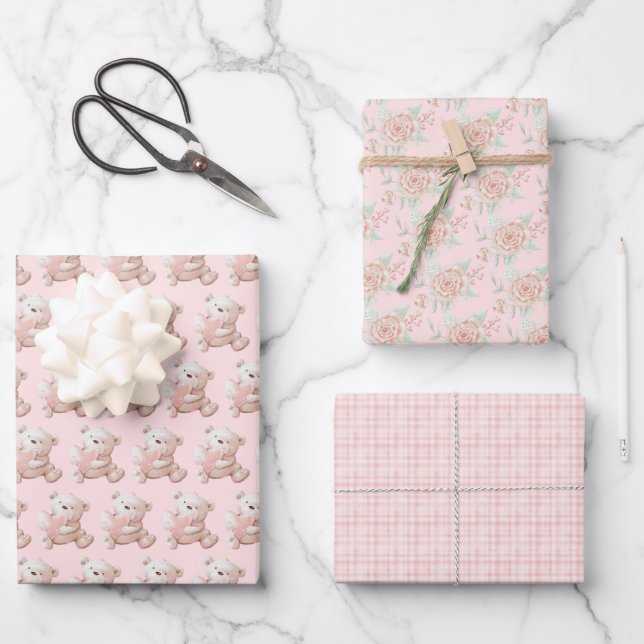 Cute Teddy Bear Pink Plaid Coordinated Wrapping Paper Sheet (Front)