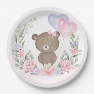 Cute Teddy Bear Pink Purple Floral Balloons Party Paper Plate