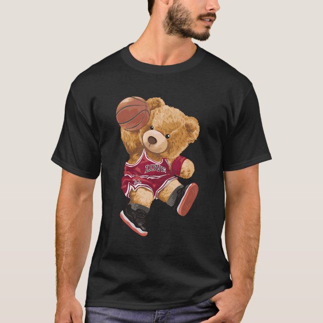 Cute Teddy Bear Playing Basketball T-Shirt (Front)