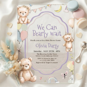 Cute Teddy Bear Purple Pastel Balloons Stars Baby  Acrylic Invitations