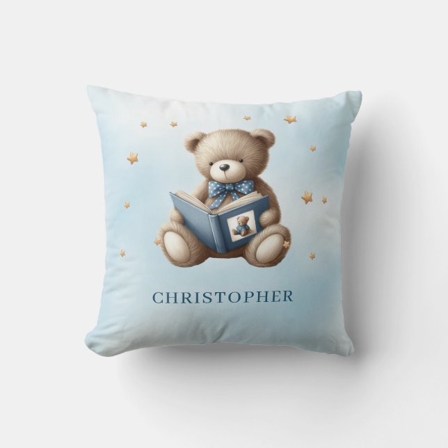 Cute teddy bear reading a book cushion (Front)