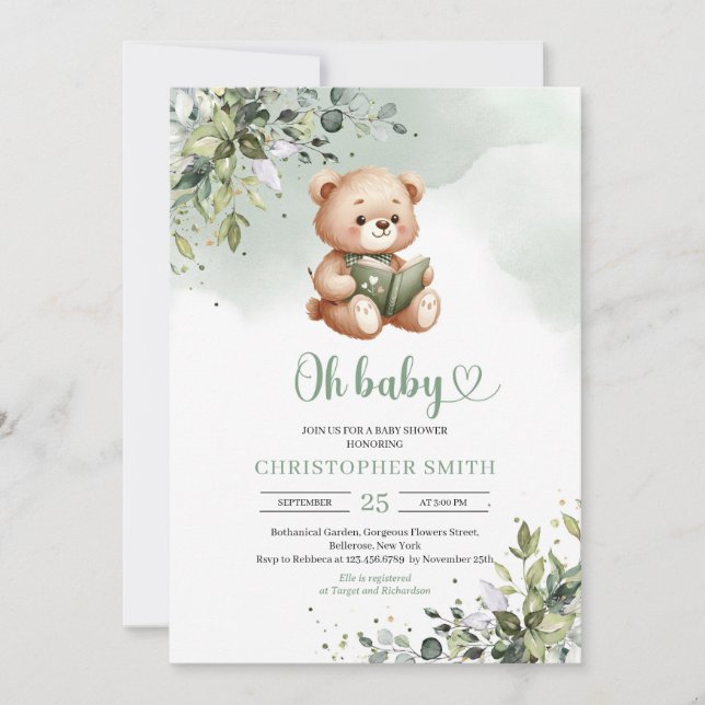 Cute teddy bear reading a book gender neutral invitation (Front)