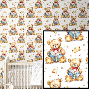 Cute Teddy Bear Reading Book Brown Blue  Wallpaper