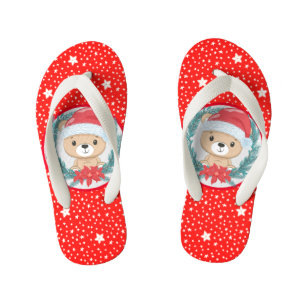 Cute Teddy Bear Red and White Stars Christmas Kid's Jandals
