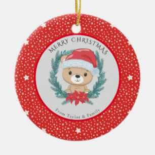 Cute Teddy Bear Red White Stars Merry Christmas  Ceramic Tree Decoration