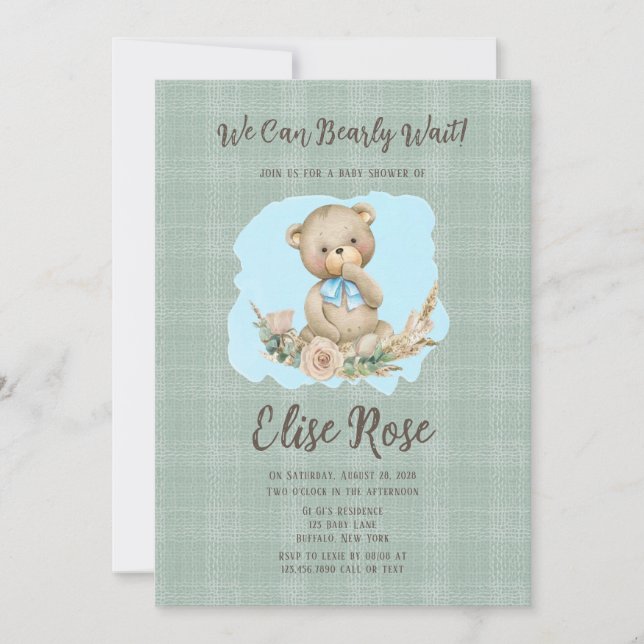 Cute Teddy Bear & Rose Laurel Boy Baby Shower Invitation (Front)