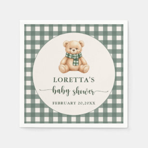 Cute Teddy Bear Rustic Green Plaid Baby Shower Napkin