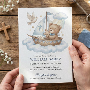Cute Teddy Bear Sailboat Baptism Invitation Design