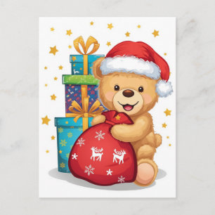 Cute Teddy Bear Santa Bag Christmas Holiday Art Postcard