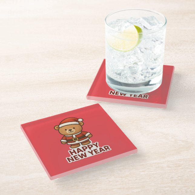 Cute Teddy Bear Santa Happy New Year Sticker Glass Coaster (Angled)