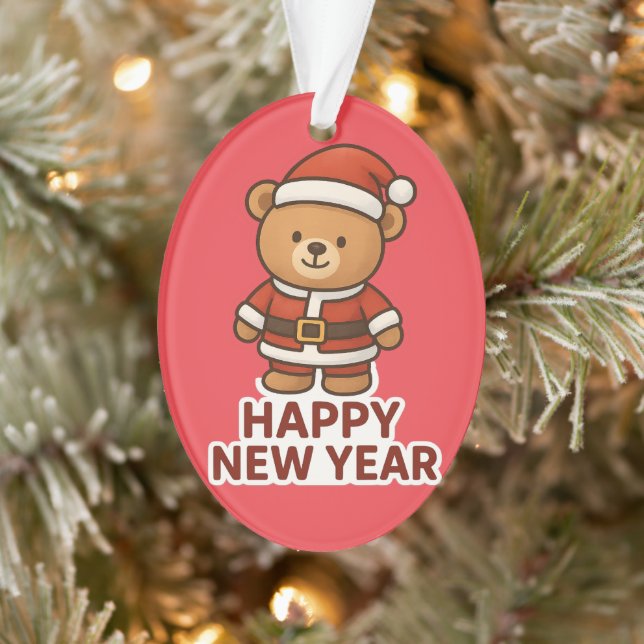 Cute Teddy Bear Santa Happy New Year Sticker Ornament (Tree)