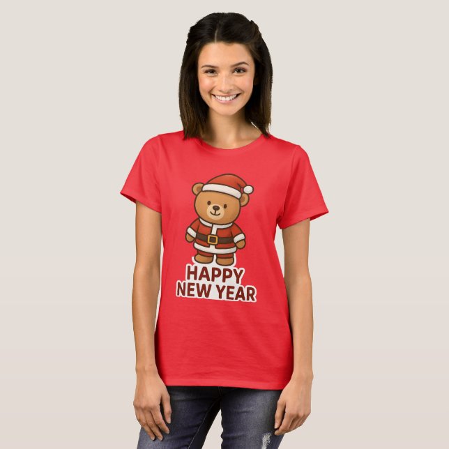 Cute Teddy Bear Santa Happy New Year Sticker T-Shirt (Front Full)
