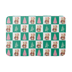 Cute teddy Bear Santa Merry Christmas tree party Bath Mat