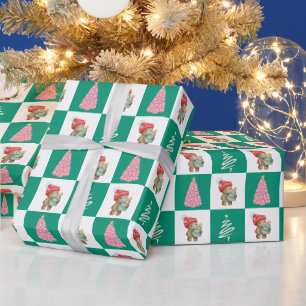 Cute teddy Bear Santa Merry Christmas tree party Wrapping Paper