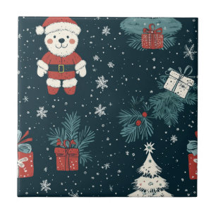 Cute Teddy Bear & Santa on Dark Green (1) Tile