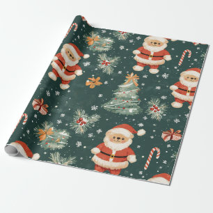 Cute Teddy Bear & Santa on Dark Green (2) Wrapping Paper
