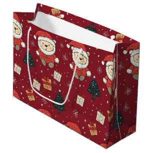 Cute Teddy Bear & Santa on Red (1) Large Gift Bag