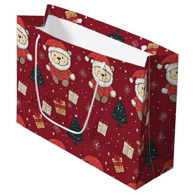 Cute Teddy Bear & Santa on Red (1) Large Gift Bag (Front Angled)