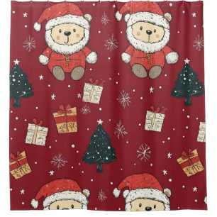 Cute Teddy Bear & Santa on Red (1) Shower Curtain