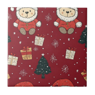 Cute Teddy Bear & Santa on Red (1) Tile