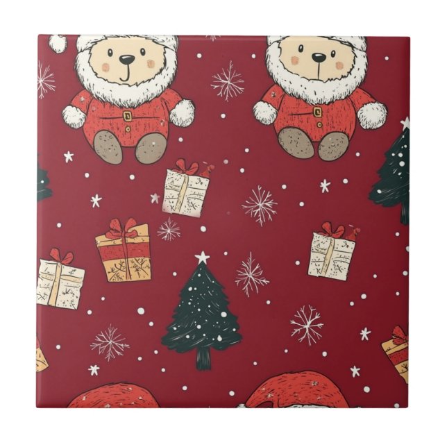 Cute Teddy Bear & Santa on Red (1) Tile (Front)