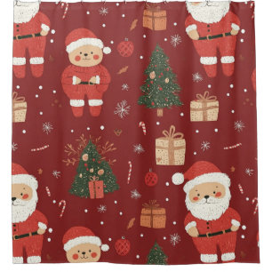 Cute Teddy Bear & Santa on Red (2) Shower Curtain