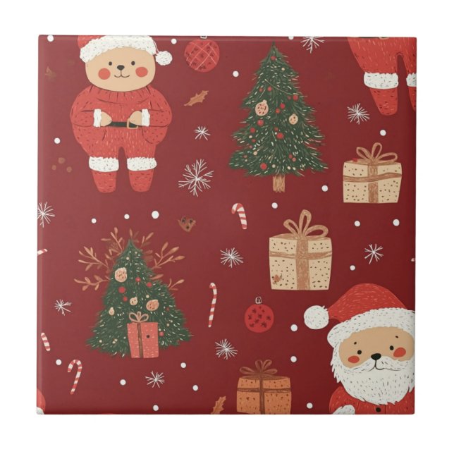 Cute Teddy Bear & Santa on Red (2) Tile (Front)