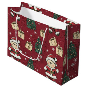 Cute Teddy Bear & Santa on Red (3) Large Gift Bag