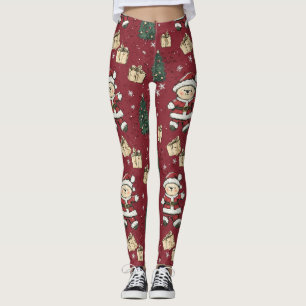 Cute Teddy Bear & Santa on Red (3) Leggings