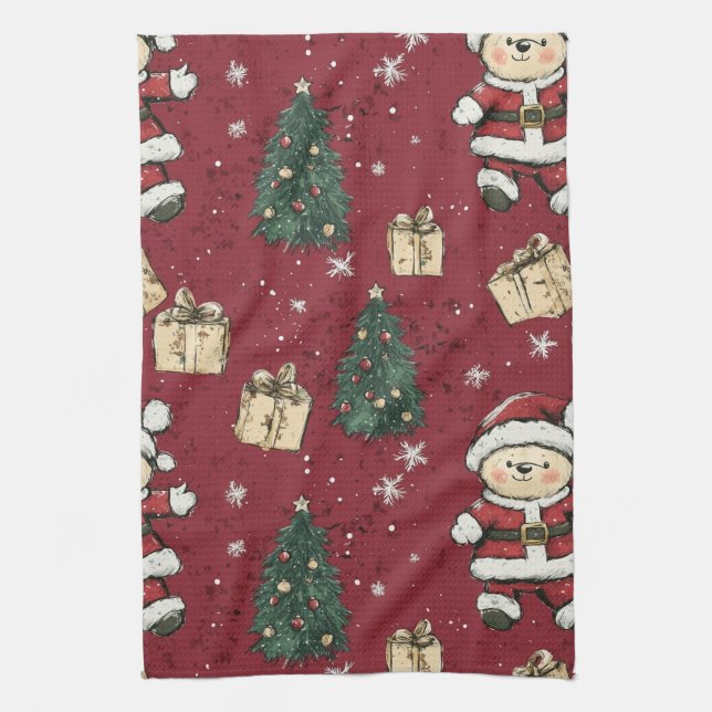 Cute Teddy Bear & Santa on Red (3) Tea Towel (Vertical)