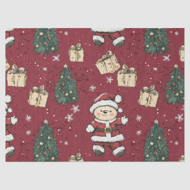 Cute Teddy Bear & Santa on Red (3) Tissue Paper (Front)