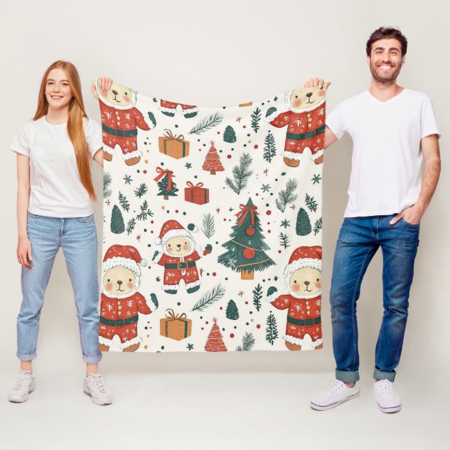 Cute Teddy Bear & Santa on White (1) Fleece Blanket (In Situ)