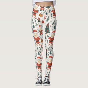 Cute Teddy Bear & Santa on White (1) Leggings