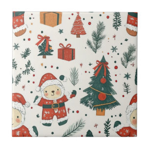 Cute Teddy Bear & Santa on White (1) Tile