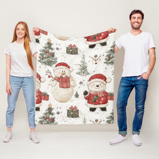 Cute Teddy Bear & Santa on White (2) Fleece Blanket (In Situ)