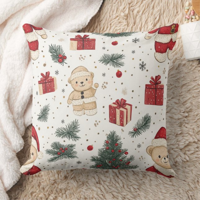 Cute Teddy Bear & Santa on White (3) Cushion (Blanket)