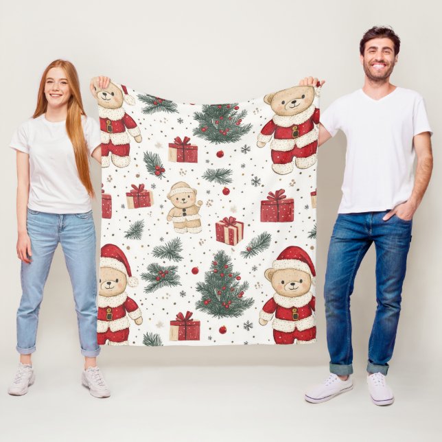 Cute Teddy Bear & Santa on White (3) Fleece Blanket (In Situ)