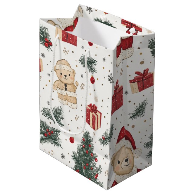 Cute Teddy Bear & Santa on White (3) Medium Gift Bag (Front Angled)