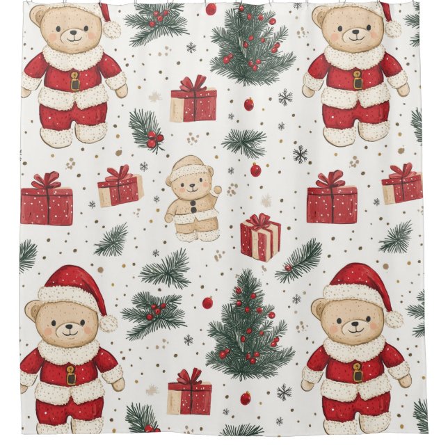 Cute Teddy Bear & Santa on White (3) Shower Curtain (Front)