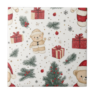 Cute Teddy Bear & Santa on White (3) Tile