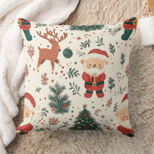 Cute Teddy Bear & Santa on White (4) Cushion