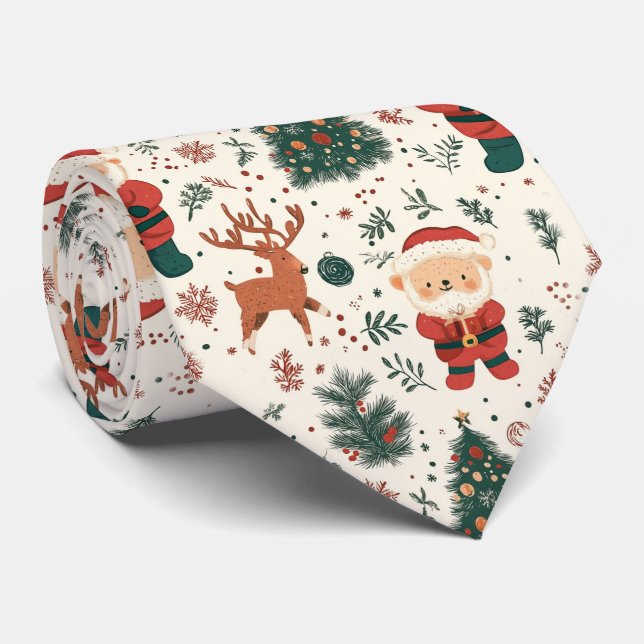 Cute Teddy Bear & Santa on White (4) Tie (Rolled)