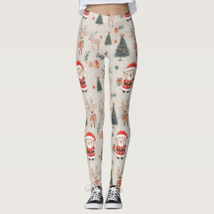 Cute Teddy Bear & Santa on White (5) Leggings