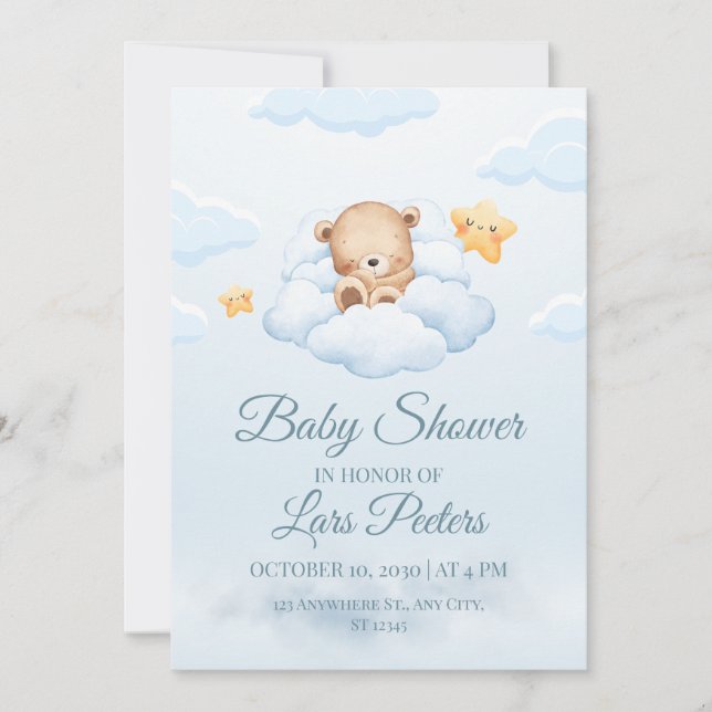 Cute Teddy Bear Sleeping on Cloud Baby Shower Invi Invitation (Front)